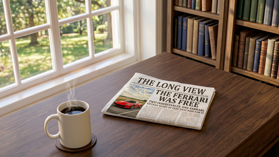 A printed copy of The Long View Issue 2 lying on a wooden desk next to a steaming coffee mug. The front-page headline reads 'The Ferrari was Free' above a photograph of a red Ferrari 458 Italia.