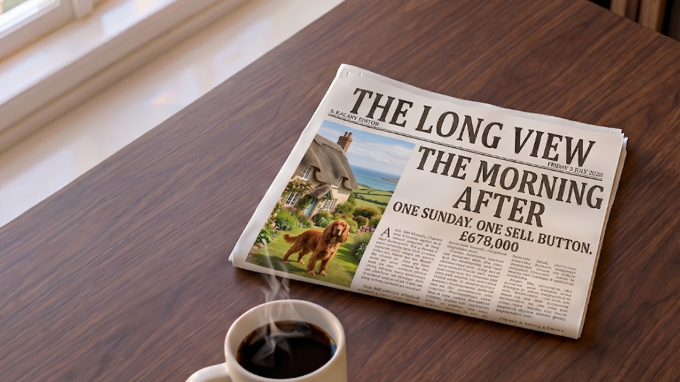 A printed copy of The Long View Issue 3 lying on a wooden desk next to a steaming coffee mug. The front-page headline reads 'The Morning After' above a hero image of a thatched cottage with a sea view horizon behind and a chocolate cocker spaniel on the lawn in the foreground.