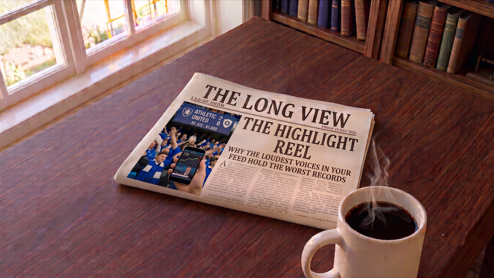 A photograph of a printed broadsheet newspaper laid on a polished wooden desk beside a steaming mug of black coffee, with a sunlit window and shelves of old books behind. The masthead reads The Long View. The front-page headline reads The Highlight Reel, above the sub-heading Why the loudest voices in your feed hold the worst records. The front-page photo shows a football crowd celebrating beneath a scoreboard while a hand in the foreground holds up a phone showing a stock chart and a trading account.