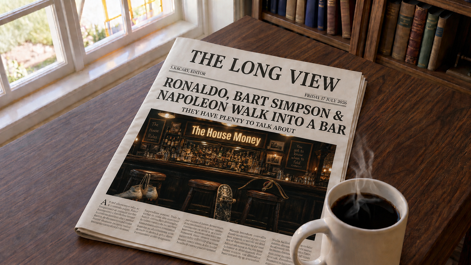 A photograph of a printed broadsheet newspaper laid on a polished wooden desk beside a steaming mug of black coffee, with a sunlit window and shelves of old books behind. The masthead reads The Long View. The front-page headline reads Ronaldo, Bart Simpson and Napoleon Walk into a Bar, above the sub-heading They have plenty to talk about. The front-page photo shows a warmly lit traditional pub bar called The House Money with three empty bar stools. A pair of old football boots hangs from the first stool, a worn skateboard leans against the second, and a Napoleonic bicorne hat rests on the third. A chalkboard on the wall reads You got to know when to fold.