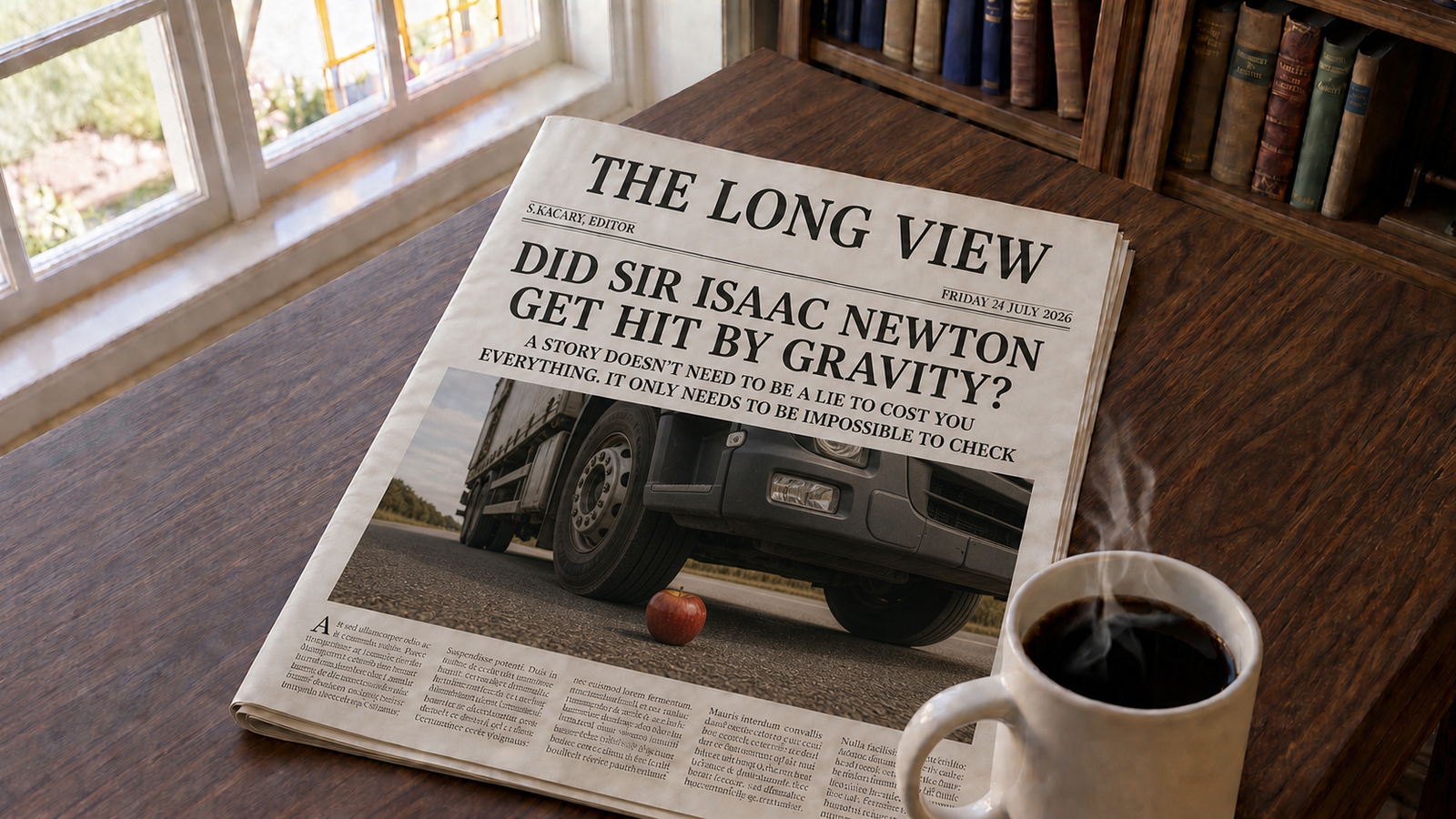 A photograph of a printed broadsheet newspaper called The Long View on a wooden desk beside a mug of coffee. The headline reads Did Sir Isaac Newton Get Hit By Gravity, above the standfirst A story doesn't need to be a lie to cost you everything, it only needs to be impossible to check. The front-page photo shows a large unbranded lorry on a road with a single red apple resting on the tarmac in front of its wheel.