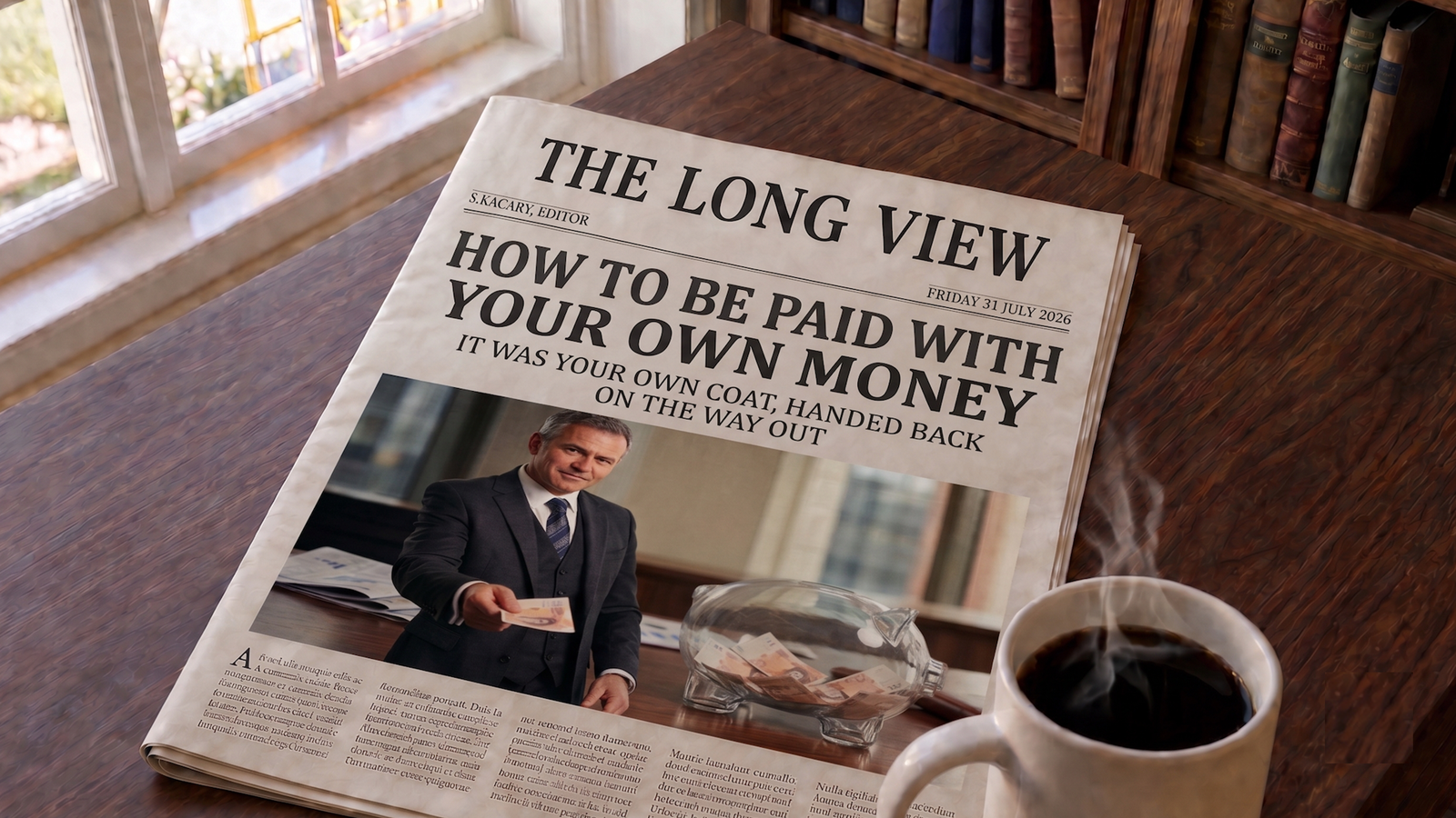 A photograph of a printed broadsheet newspaper called The Long View on a wooden desk beside a mug of coffee. The headline reads How to Be Paid With Your Own Money, above the standfirst It was your own coat, handed back on the way out. The front-page photo shows a smiling man in a suit handing a ten pound note to the camera beside a transparent glass piggy bank full of ten pound notes.